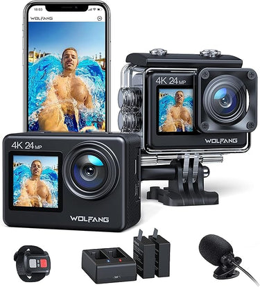 WOLFANG Cámara Deportiva GA200 4K 24MP Doble Pantalla WiFi Cámara de Video, Cámara Acuática Sumergible de 40M, 170° Gran Angular, Control Remoto EIS Mejorado, 2 Baterías, Cargador, Multi Accesorios